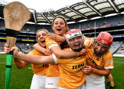 BACK TO CROKER...Maria Lynn (4) celebrates after Antrim's All-Ireland win last season and the Saffrons are back at Croke Park this weekend